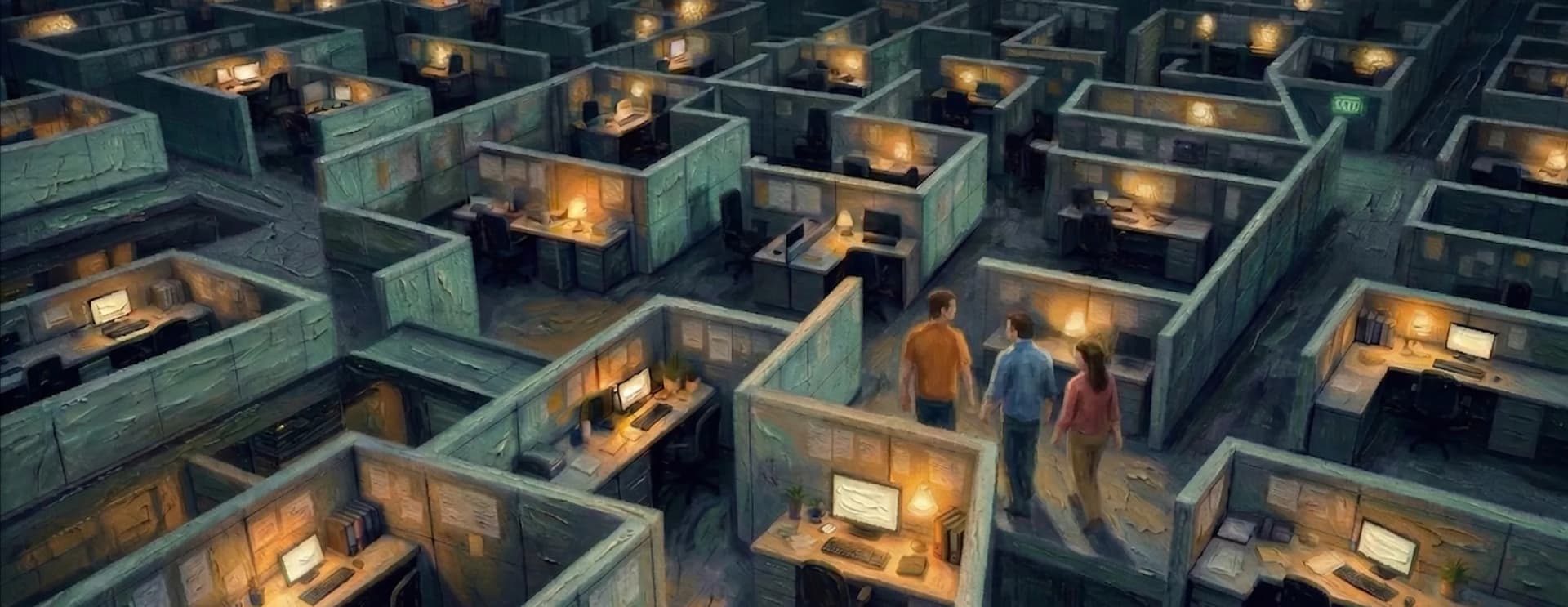 Aerial view of a maze-like office floor, with desk lamps glowing in the cubicles