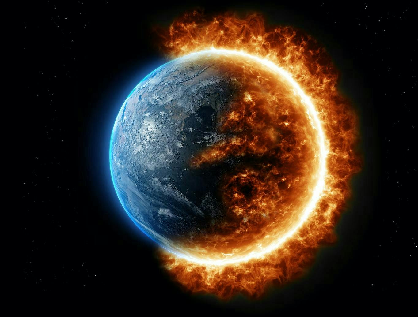 Earth's surface partially engulfed in flames, blending from icy blue to blazing orange, against a backdrop of dark space speckled with distant stars.