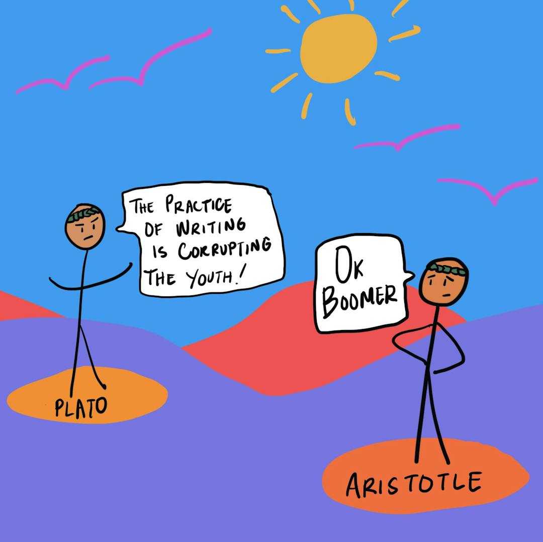 Stick figures labeled "Plato" and "Aristotle"; Plato says, "The practice of writing is corrupting the youth!", Aristotle responds, "Ok boomer." Background: colorful landscape with sun and birds.