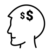 Side view icon of a head with a pointed nose, a curved indentation representing hair, and a small smile below the nose. Inside the head are two dollar signs, one larger than the other, symbolizing financial thoughts.