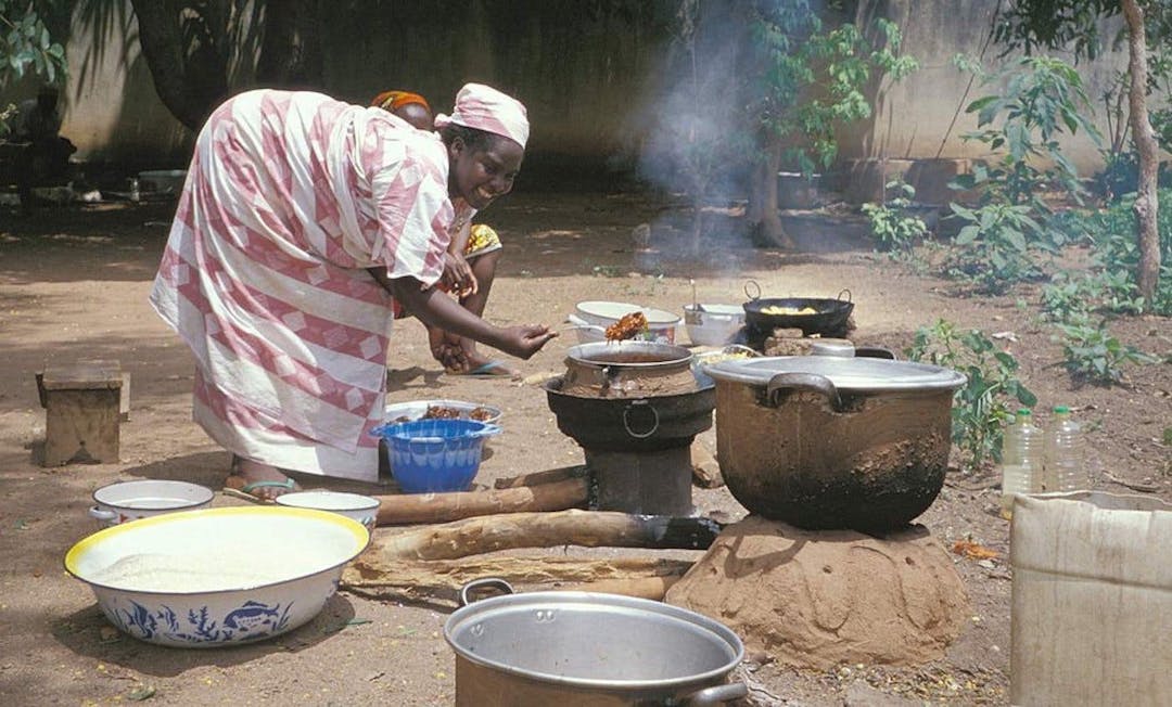 A woman is cooking multiple dishes on outdoor stoves, adding food to a pot, surrounded by various utensils and trees in a sunlit yard.