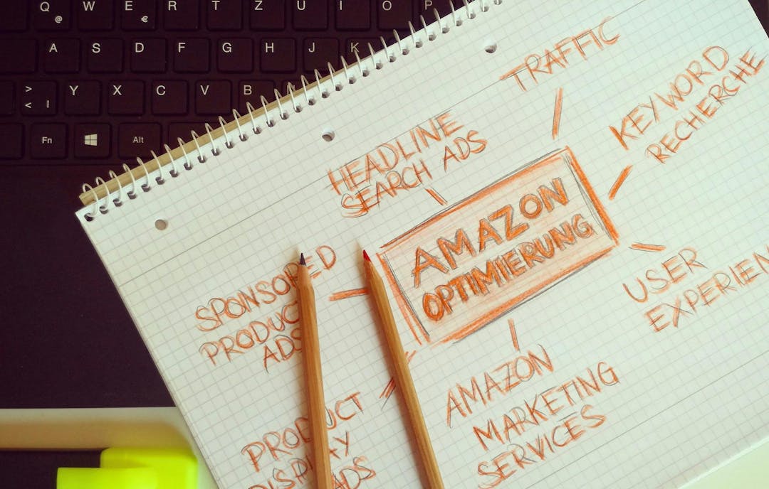 Two pencils rest on graph paper over a black keyboard, surrounded by notes on "Amazon Optimierung," including "Traffic," "Headline Search Ads," and "User Experience." Highlighted sections: "Sponsored Product Ads," "Keyword Recherche," and "Product Display Ads."