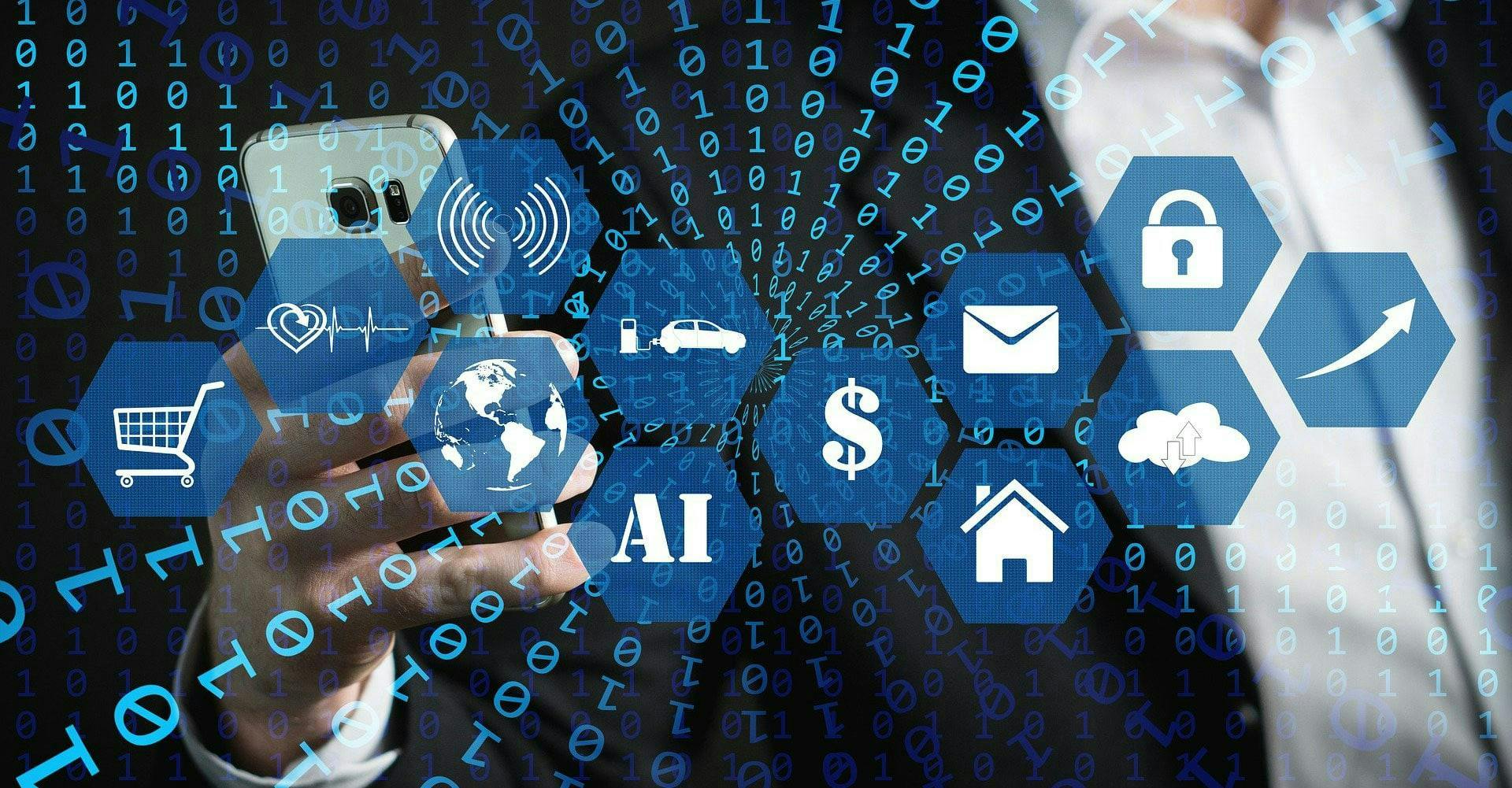 A person holding a smartphone, surrounded by floating hexagonal icons representing various digital and technological concepts such as AI, security, finance, health, and communication, within a binary-coded digital backdrop.