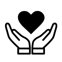 It's a 2D icon of two hands, positioned as if gently holding a shaded heart in between them. The heart is centered, and the hands appear to cradle it from the sides.