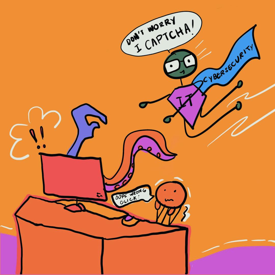 A computer entangled by a tentacle wrench labeled "Oops, wrong click!" is approached by a flying character in a cape labeled "I.T. Cybersecurity" saying "Don't worry, I CAPTCHA!"