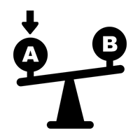 A seesaw with a downward arrow above a ball marked "A" on the left and a ball marked "B" on the right, in a black silhouette style.