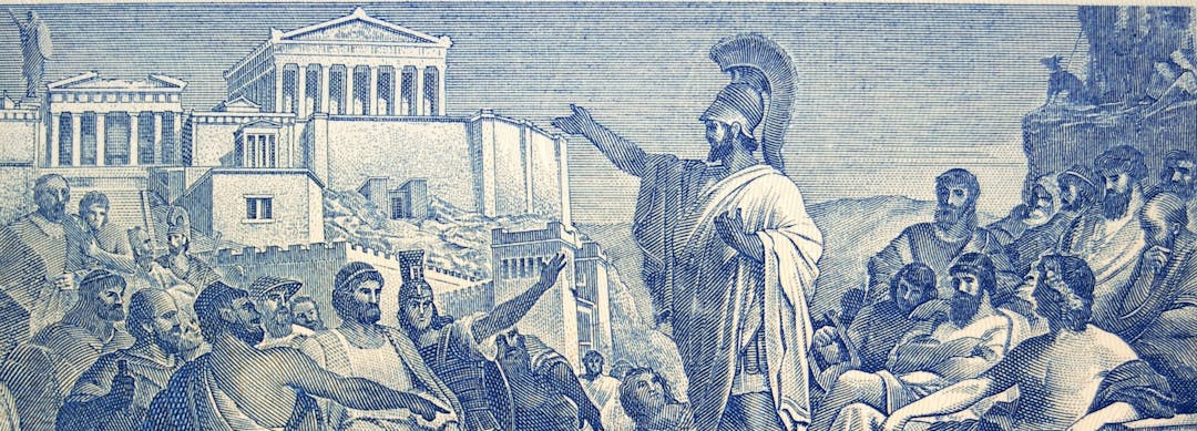 A helmeted orator addresses a gathering of robed men, gesturing emphatically against a backdrop of ancient Grecian architecture, including columns and stairs, resembling the Acropolis.
