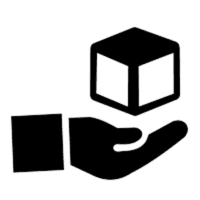 The image shows a simple black icon of an open hand facing upward. Above the hand is a 3D cube, seemingly floating. The cube appears hollow, with visible outlines of its sides and edges. The hand and cube are rendered in solid black, with no additional details or textures.