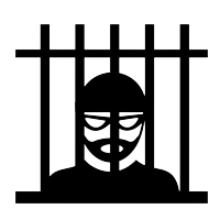 An icon of a man wearing a beanie, glasses, and a beard. The man is depicted behind vertical bars, symbolizing imprisonment.