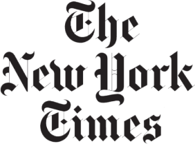 The New York Times logo displays the newspaper's name in a black Gothic typeface against a transparent background.