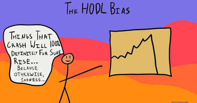 A stick figure points to a graph with a steep drop. Text says, "Things that crash will 100% definitely for sure rise... because otherwise, sadness..." and "The HODL Bias." Background is colorful.