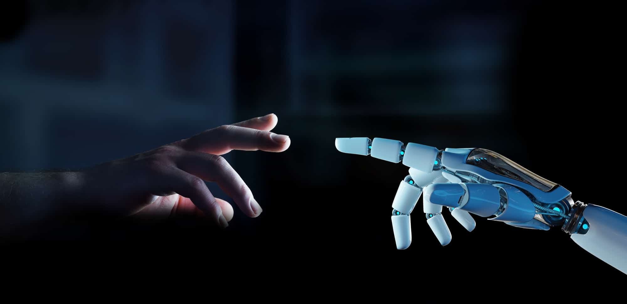 A human hand and a robotic hand extend towards each other, fingers almost touching, set against a dark background, evoking themes of human-technology connection.