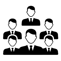 Icons of six faceless people wearing suits are positioned in a triangular formation, with one larger central figure and five smaller figures surrounding it on all sides.