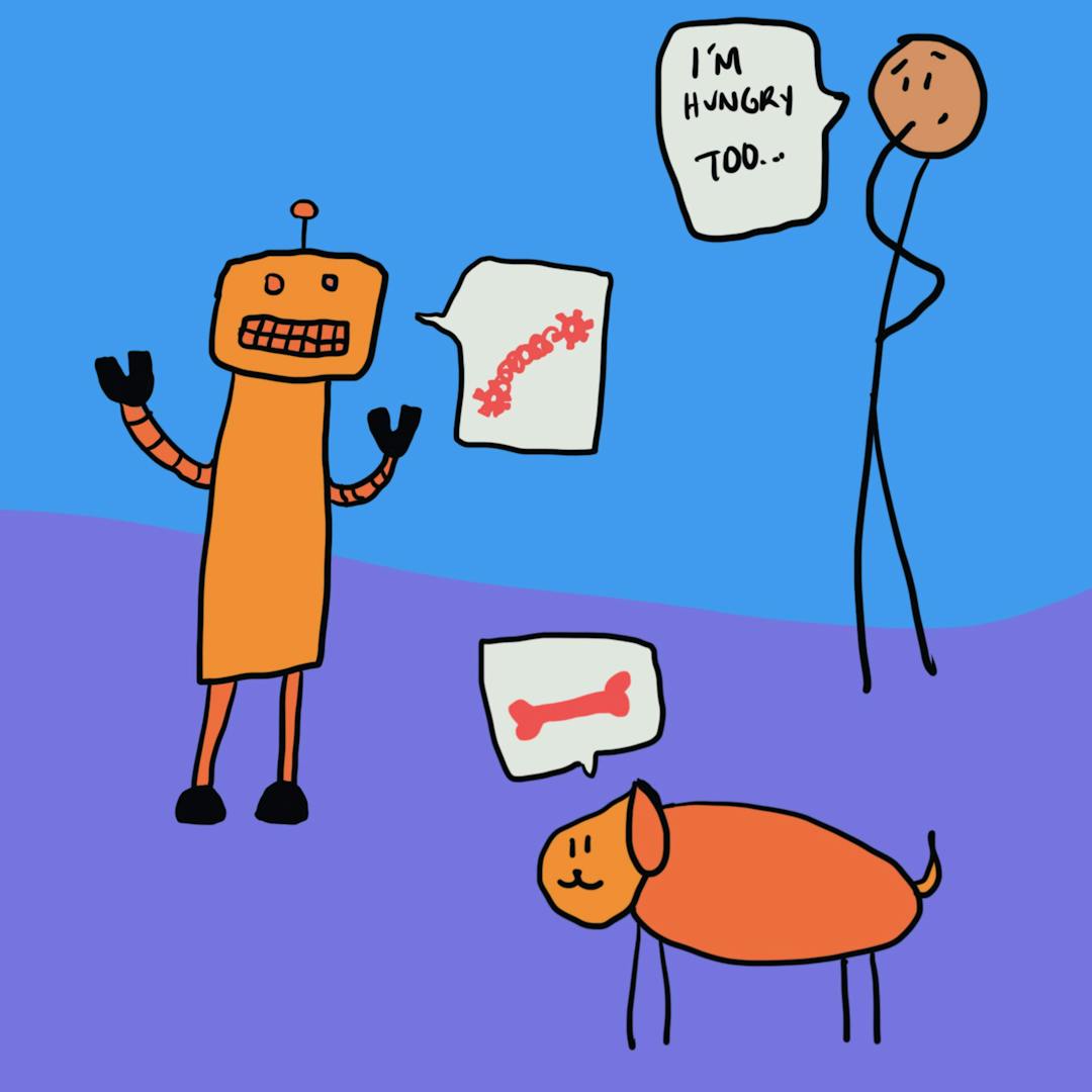 A robot shows a picture of a virus to a stick figure, who says, "I'M HUNGRY TOO." Nearby, an orange dog thinks of a bone. Background features a blue and purple gradient.