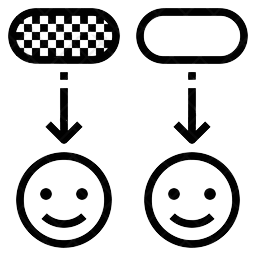 Smiley faces receive patterns through downward arrows: left face gains a black-and-white checkerboard, while the right face remains plain.