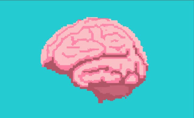 Pixelated brain floating against a solid teal background.