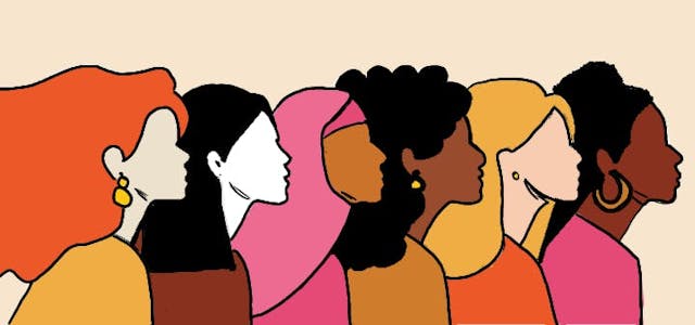 A diverse group of women, each illustrated in profile, from left to right, wearing different styles, including earrings, a hijab, and various hair types, against a neutral background.