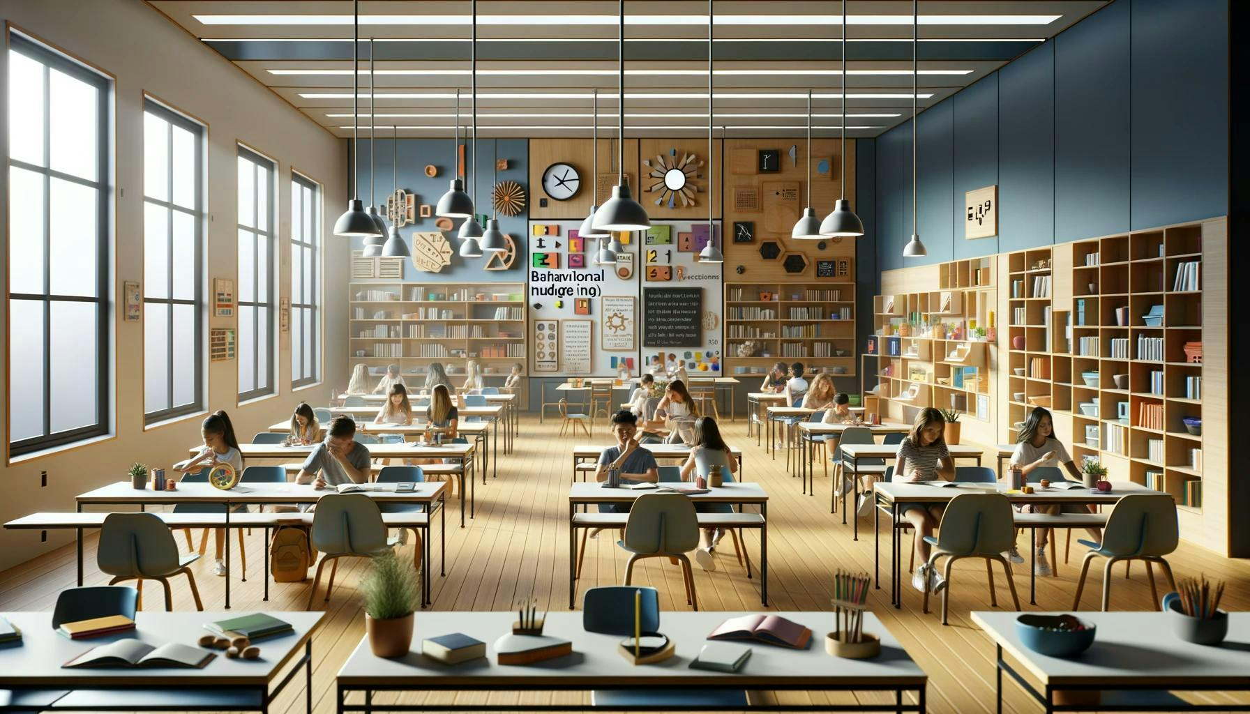 Students sitting at desks are reading and writing in a spacious, well-lit library with bookshelves lining the walls and educational posters. Text: “Behavioral” "reading" "2+2" "flat ink."