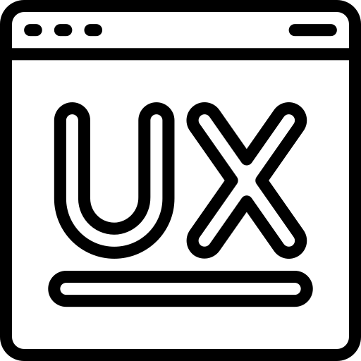 A web browser window displays the text "UX" in large letters, with a horizontal line beneath it, representing user experience design.
