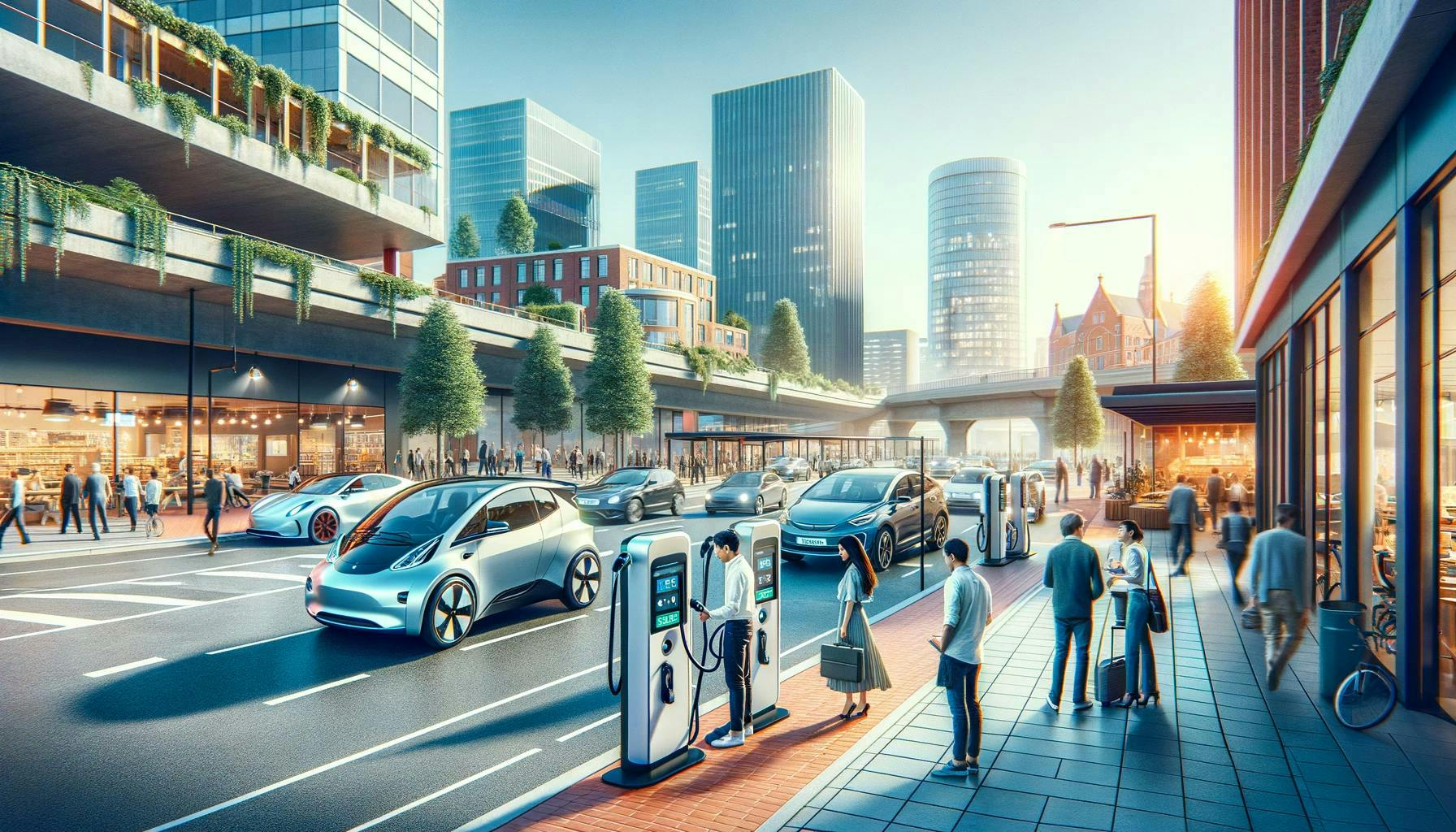 Electric cars charging at stations while pedestrians walk along a busy, modern cityscape with high-rise buildings, greenery, and commercial establishments.