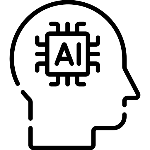 An outline of a human head contains a circuit-like chip labeled "AI," suggesting artificial intelligence integration within a human brain. The background is plain.