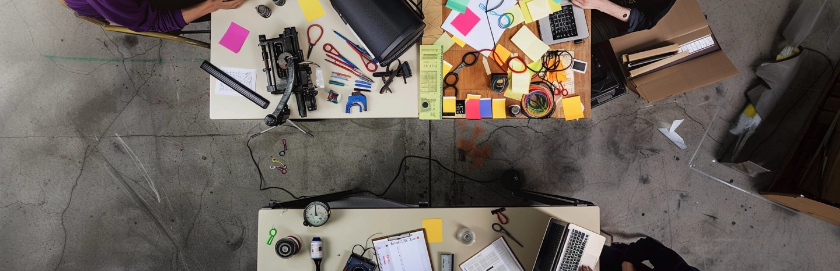 Desks covered with multiple tools used for creative work