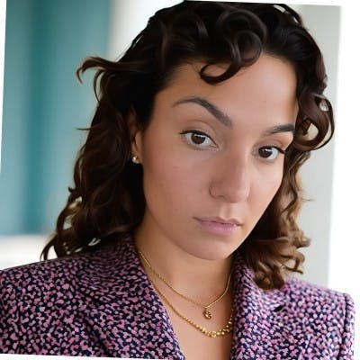 A woman with curly hair wears a purple, patterned blazer and gold necklaces, posing indoors with a blurred blue-green background.