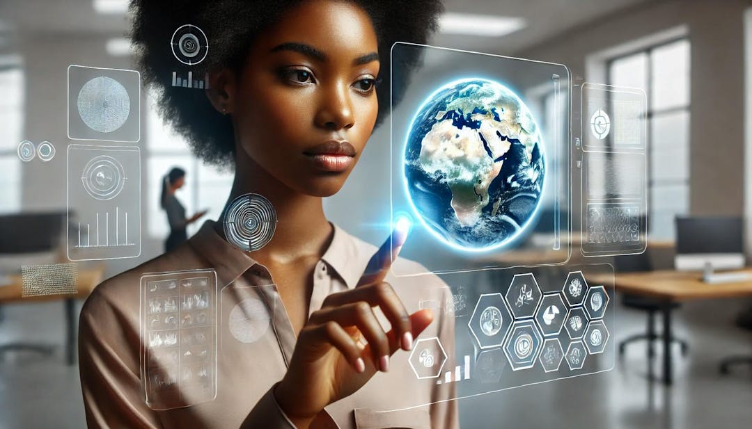 African woman using advanced technology. She is interacting with a holographic display