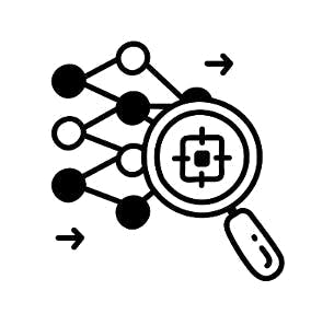 magnifying glass looking at connected nodes