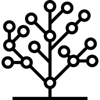 A black outline of a tree with two arrows pointing in opposite directions, symbolizing decision-making, choices, or divergent thinking.