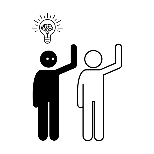 A shaded icon of a human figure raising its hand, next to an outlined figure doing the same gesture. Above the shaded figure's head is a light bulb, surrounded by rays of light, with a brain inside the bulb.