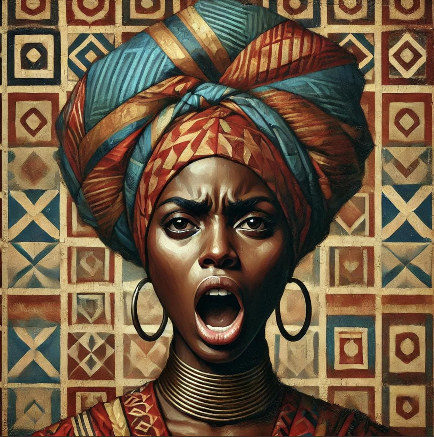 A portrait of a dark-skinned woman wearing a patterned headwrap. Her face is expressive, with her mouth open in a controlled yet intense scream. The geometric background consists of warm, earthy tones with intricate patterns, complementing the bold colors of her headwrap.