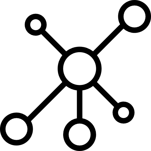 A simple network diagram icon, with a central circle connected to multiple smaller circles, representing nodes in a network.