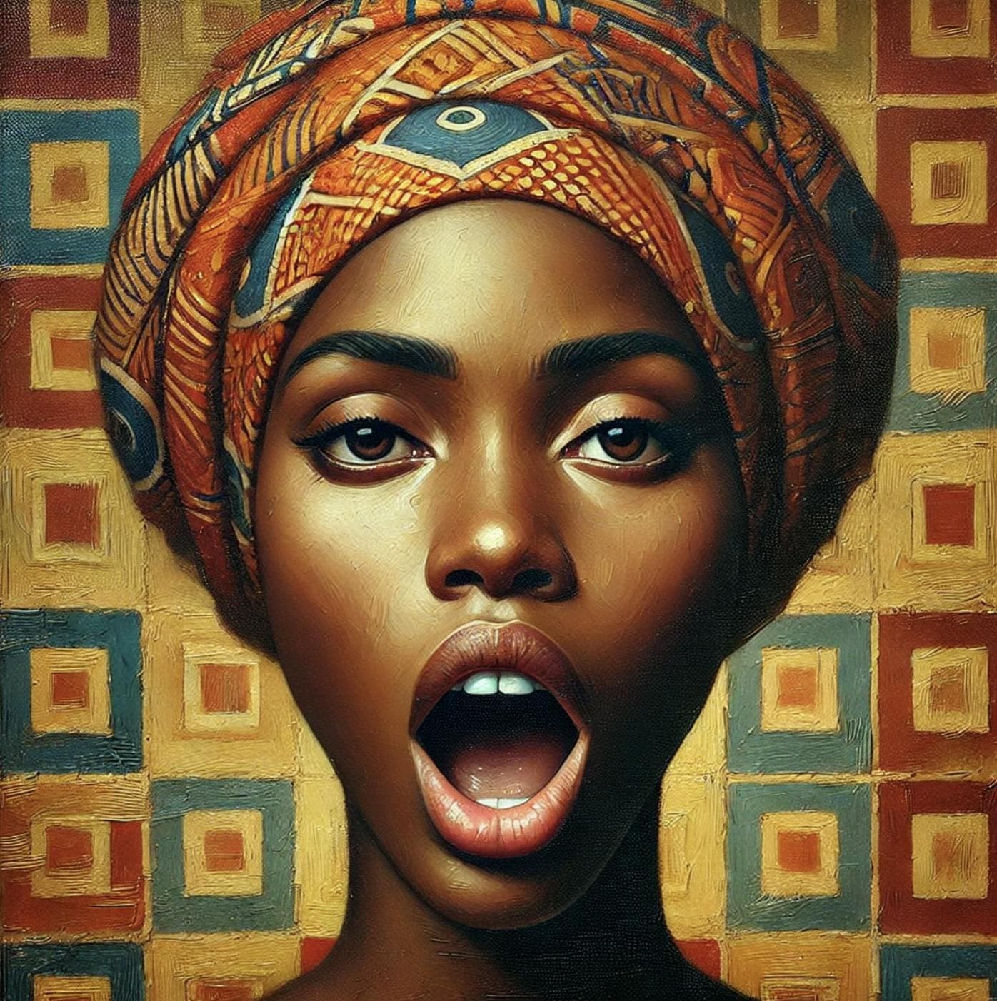 Portrait of a woman with a neutral expression, mouth open as if yelling. She wears a patterned head wrap, and the background features warm, geometric designs. The ambiguous expression leaves her emotions unclear, evoking mystery.