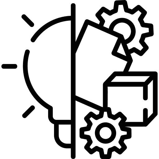 An icon combining elements of a light bulb, gears, and a cube, symbolizing the integration of ideas, innovation, and processes