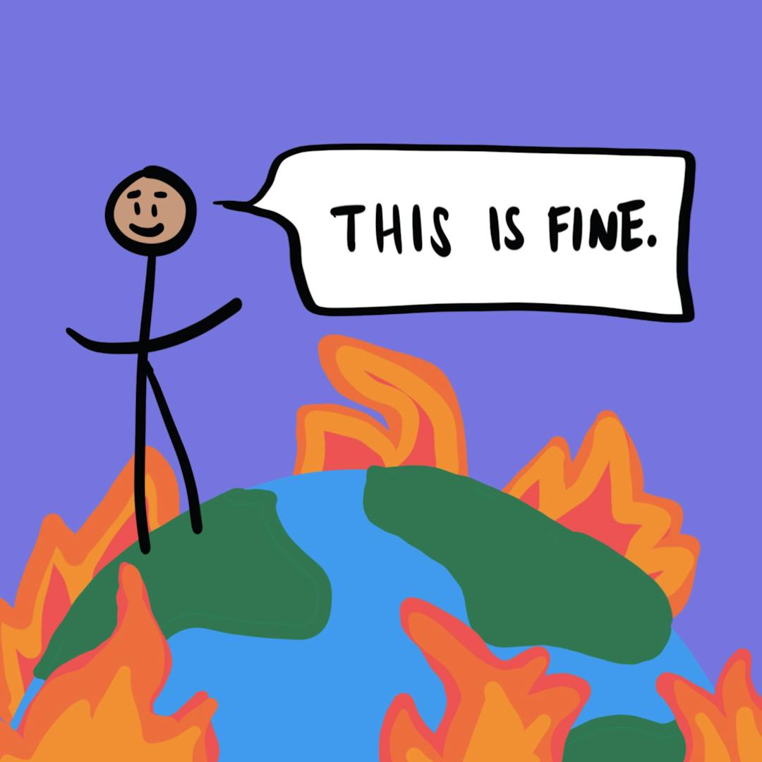 Stick figure stands on a burning Earth against a purple background, saying "THIS IS FINE." in a speech bubble.