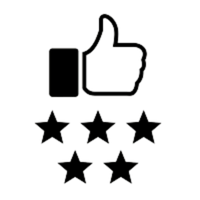 A thumbs-up icon is situated above five black stars in a horizontal line, suggesting approval or a high rating. The background is white.