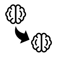 Two brain icons with a curved arrow pointing from the top brain to the bottom brain, suggesting the transfer or sharing of knowledge or ideas. The background is plain white.