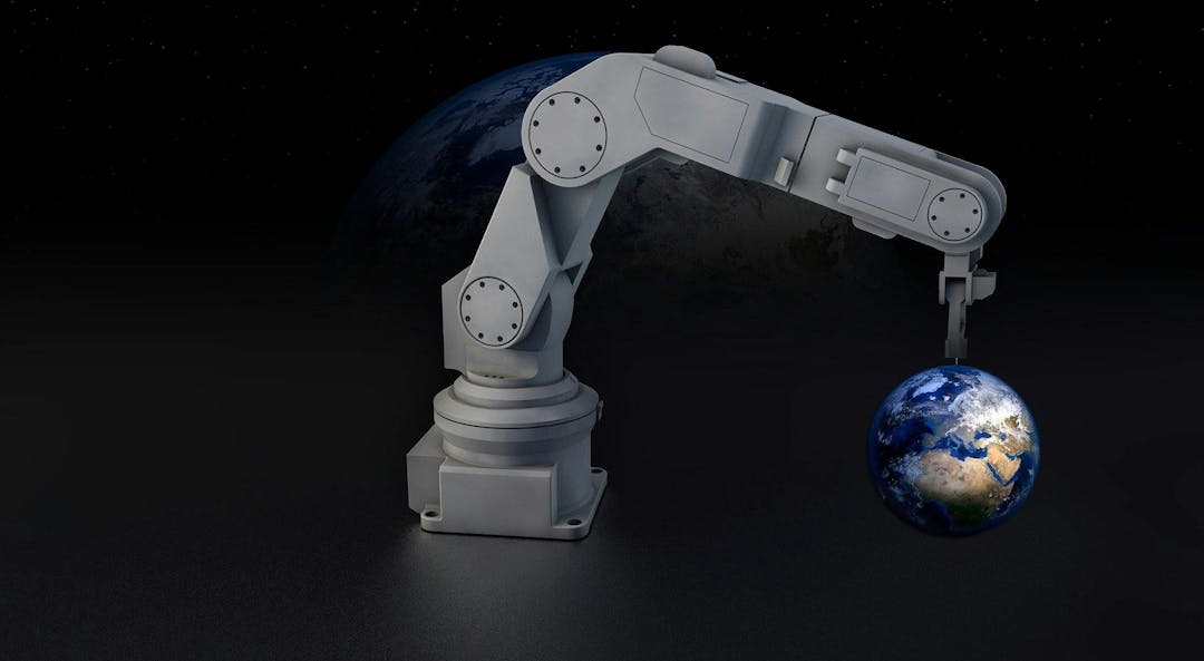 A robotic arm holds a small, detailed globe of Earth in a dark, space-like environment with a partially visible large Earth in the background.