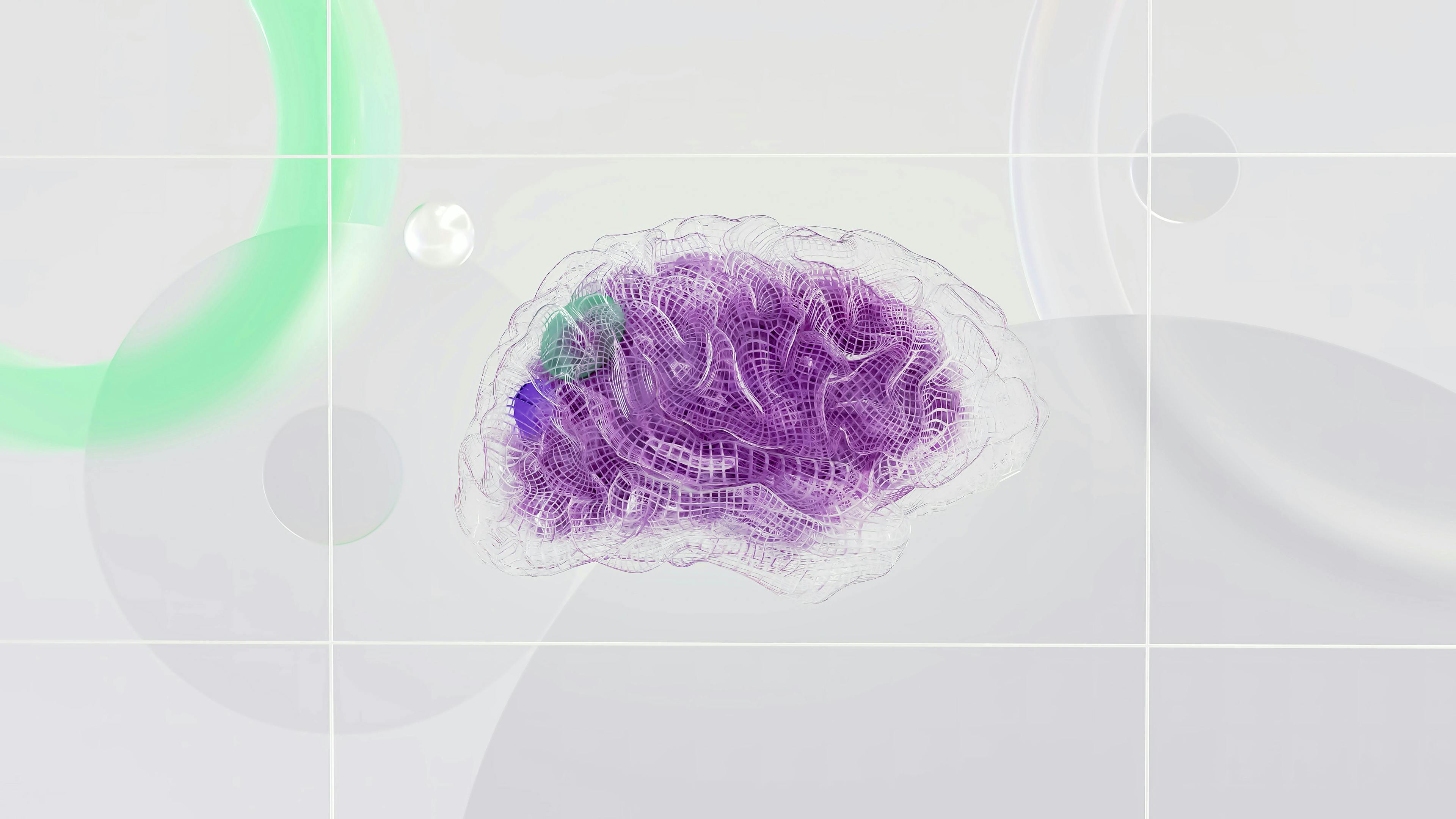 A mesh-rendered 3D brain in shades of purple, overlaid with translucent green sections, set against a light gray background with faint geometric shapes and circular patterns.