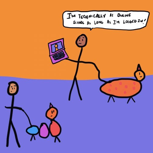 Stick figure holds a laptop and a leash attached to a dog while saying, "I’m technically at online school as long as I’m logged in!" In a colorful setting with simple shapes.