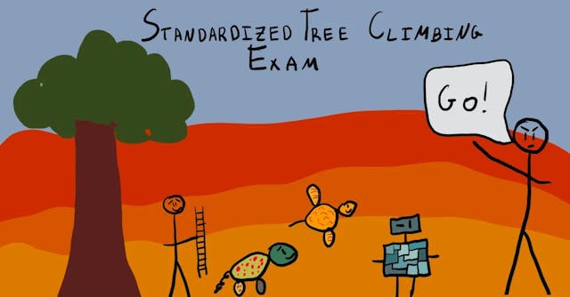 A stick figure holding a sign with "Go!" oversees animals including a monkey, turtle, and fish, preparing to climb a tree with a ladder. Text reads: "Standardized Tree Climbing Exam." Background is a sunset.