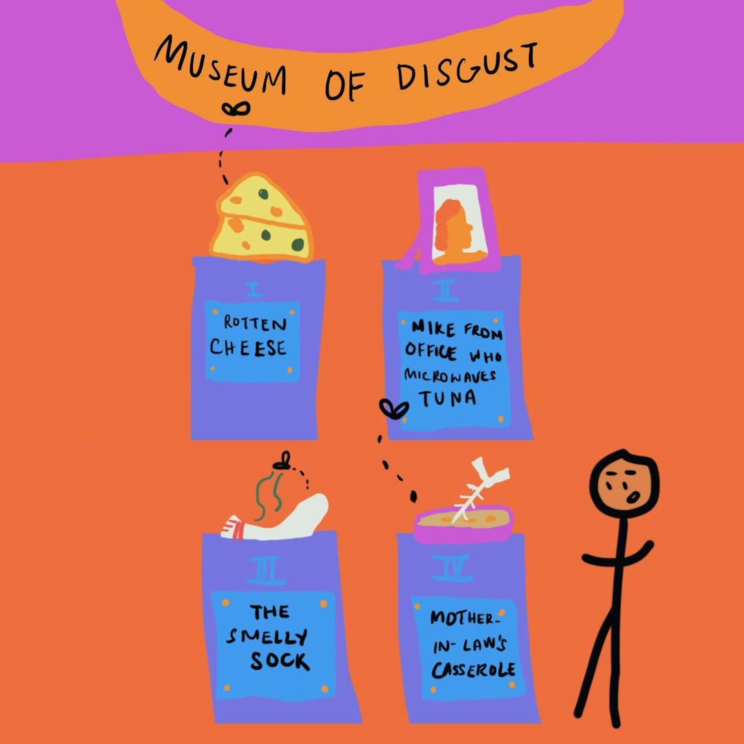 "Four malodorous objects, labeled 'ROTTEN CHEESE,' 'MIKE FROM OFFICE WHO MICROWAVES TUNA,' 'THE SMELLY SOCK,' and 'MOTHER-IN-LAW'S CASSEROLE,' are displayed in blue cases under a 'MUSEUM OF DISGUST' banner with a stick figure nearby."