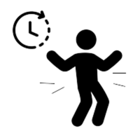 A silhouetted figure jumping with raised arms, surrounded by motion lines, next to a clock with an arrow indicating backward movement above and to the figure's left.
