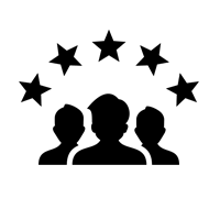 Three silhouettes of people are positioned in a row beneath five stars in a semi-circle, indicating a rating or review system.