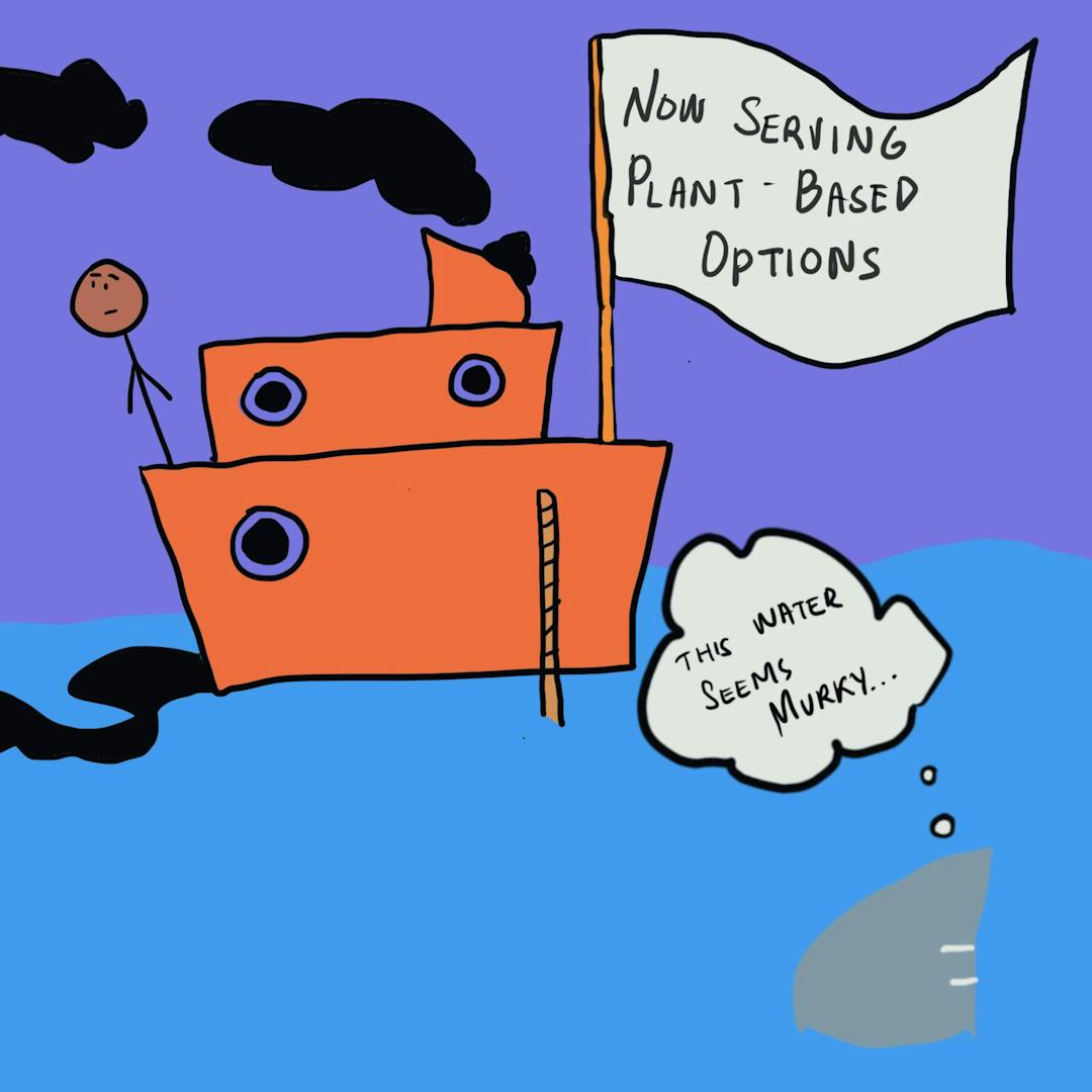 A stick figure stands on an orange boat with a "NOW SERVING PLANT-BASED OPTIONS" flag. A shark in the water thinks, "This water seems murky..." Purple sky and black smoke surround.
