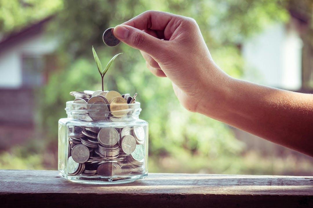 A hand places a coin into a glass jar filled with coins, from which a small plant sprouts, on a wooden ledge with blurred greenery in the background.