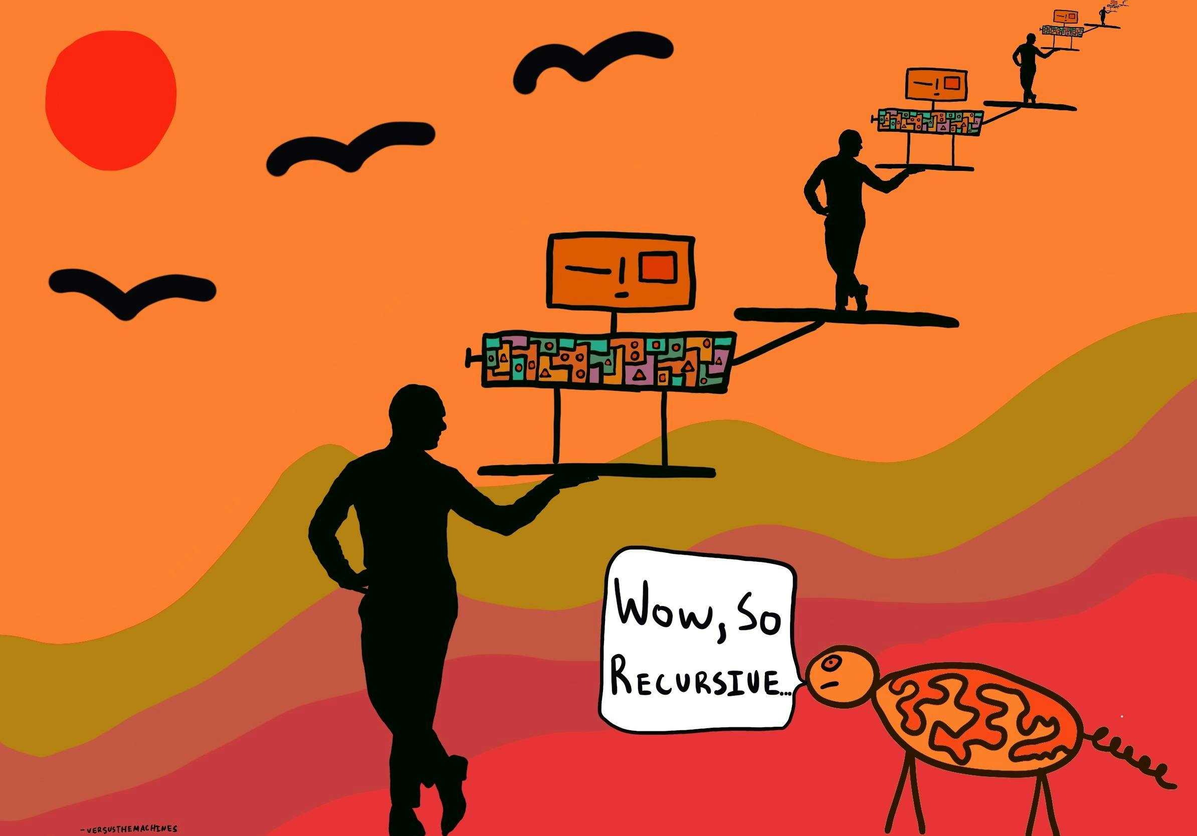 A silhouette of a person holds a platform displaying a computer, repeating into the distance against a colorful landscape. A speech bubble reads, "Wow, So Recursive..." accompanied by an abstract animal figure.