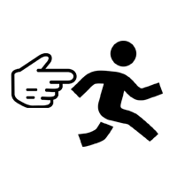 A hand pointing left appears next to a person running towards the right, against a plain background.