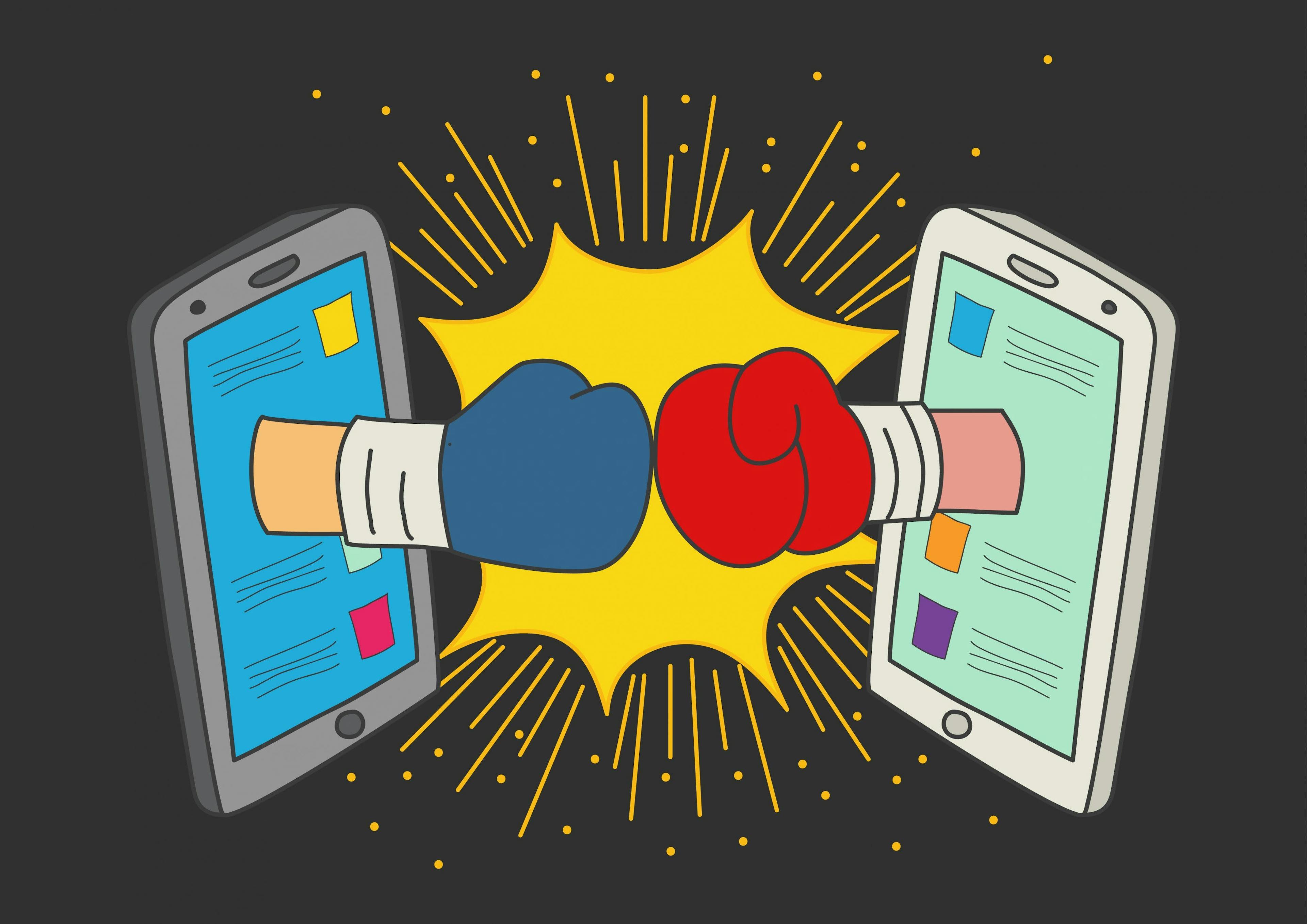 two boxing gloves coming out of opposing smart phone screens, punching each other